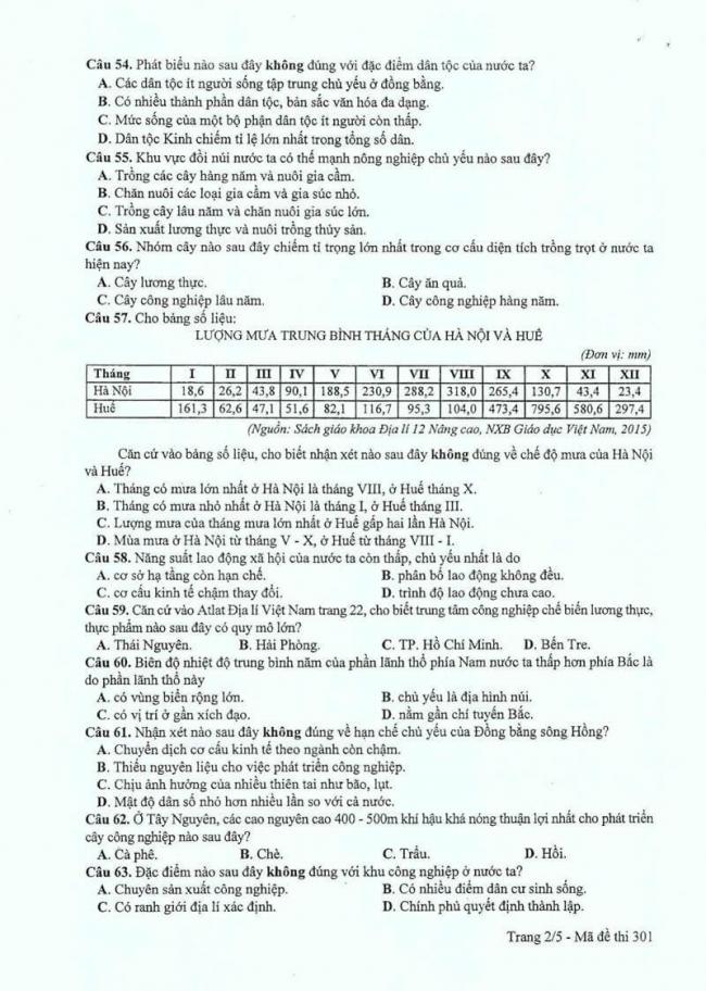 Đáp án đề thi môn Địa 301 THPT Quốc Gia năm 2017 trang 2