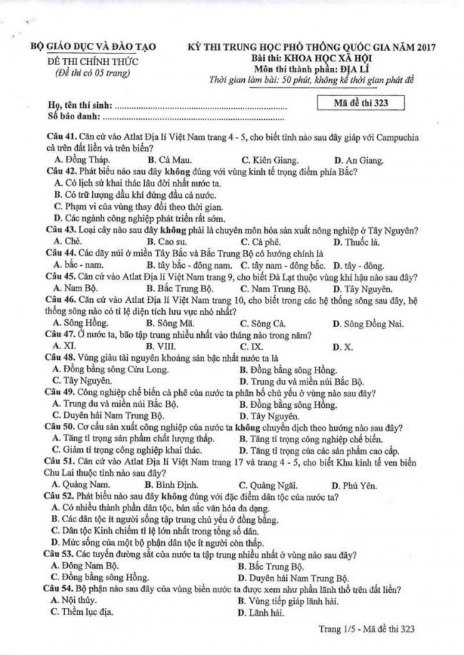 Đáp án đề thi môn Địa 323 THPT Quốc Gia năm 2017 trang 1