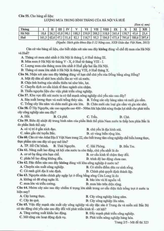 Đáp án đề thi môn Địa 323 THPT Quốc Gia năm 2017 trang 2