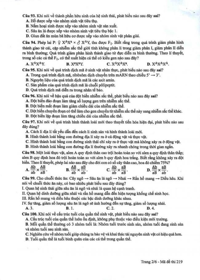 Đáp án đề thi môn Sinh 219 THPT Quốc Gia năm 2017 trang 2