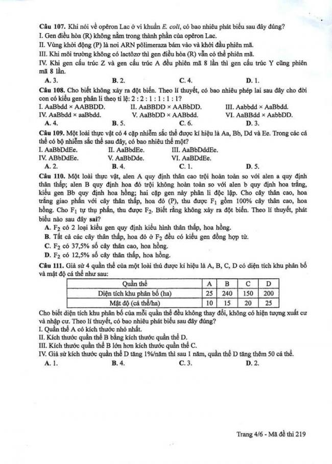 Đáp án đề thi môn Sinh 219 THPT Quốc Gia năm 2017 trang 4