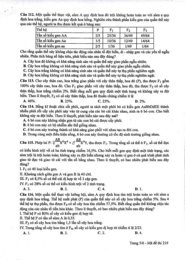Đáp án đề thi môn Sinh 219 THPT Quốc Gia năm 2017 trang 5