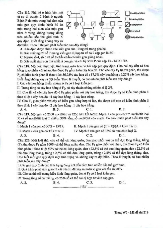 Đáp án đề thi môn Sinh 219 THPT Quốc Gia năm 2017 trang 6