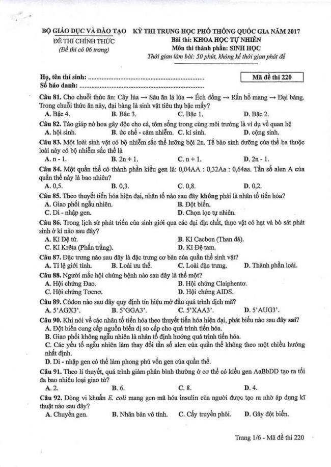 Đáp án đề thi môn Sinh 220 THPT Quốc Gia năm 2017 trang 1