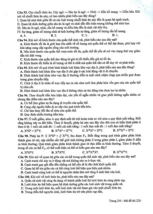 Đáp án đề thi môn Sinh 220 THPT Quốc Gia năm 2017 trang 2