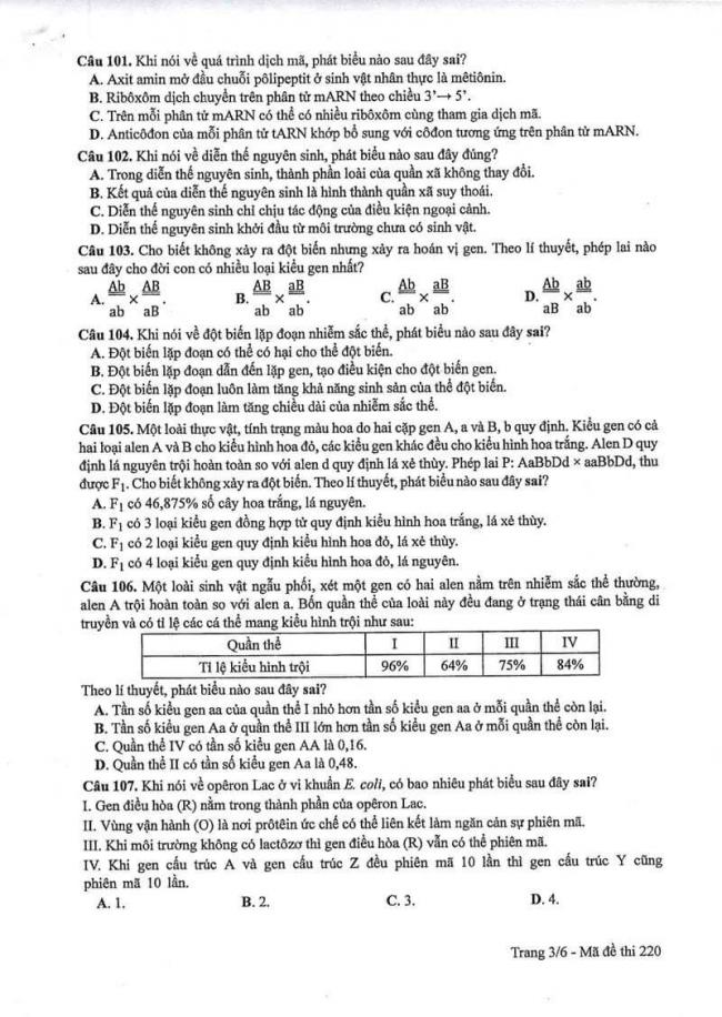 Đáp án đề thi môn Sinh 220 THPT Quốc Gia năm 2017 trang 3