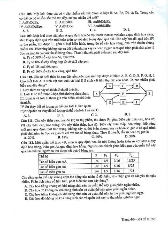 Đáp án đề thi môn Sinh 220 THPT Quốc Gia năm 2017 trang 4