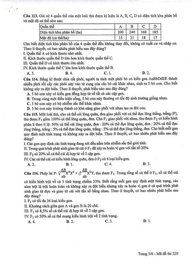 Đáp án đề thi môn Sinh 220 THPT Quốc Gia năm 2017 trang 5