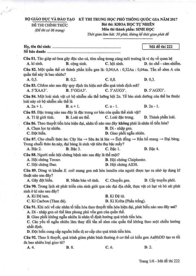 Đáp án đề thi môn Sinh 222 THPT Quốc Gia năm 2017 trang 1