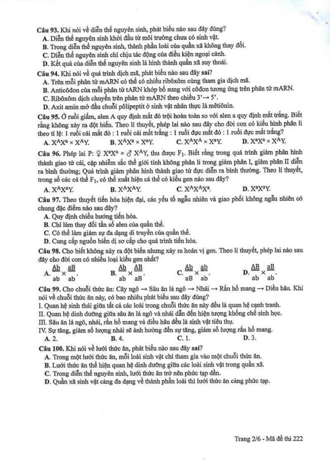 Đáp án đề thi môn Sinh 222 THPT Quốc Gia năm 2017 trang 2