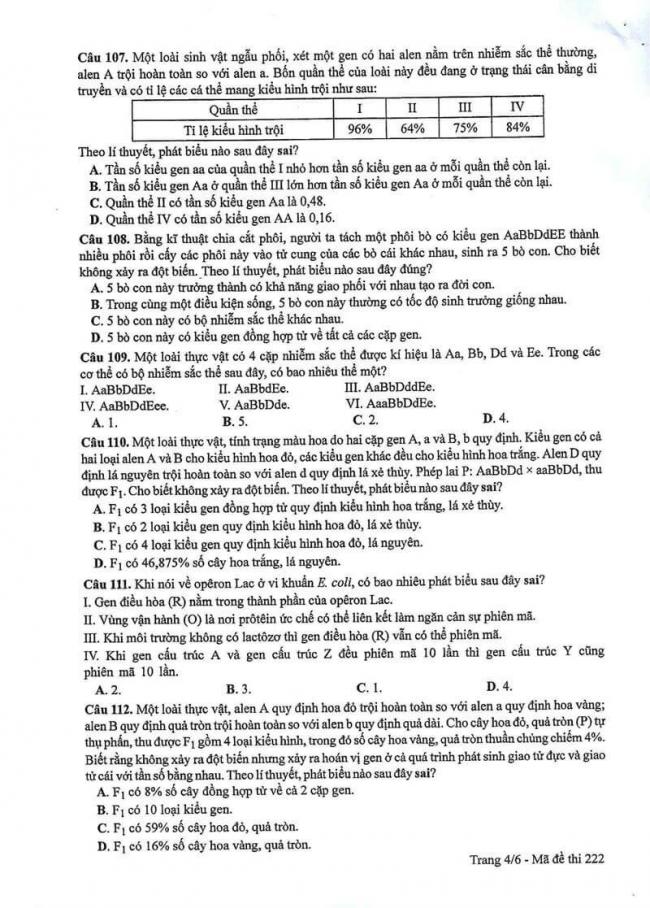 Đáp án đề thi môn Sinh 222 THPT Quốc Gia năm 2017 trang 4