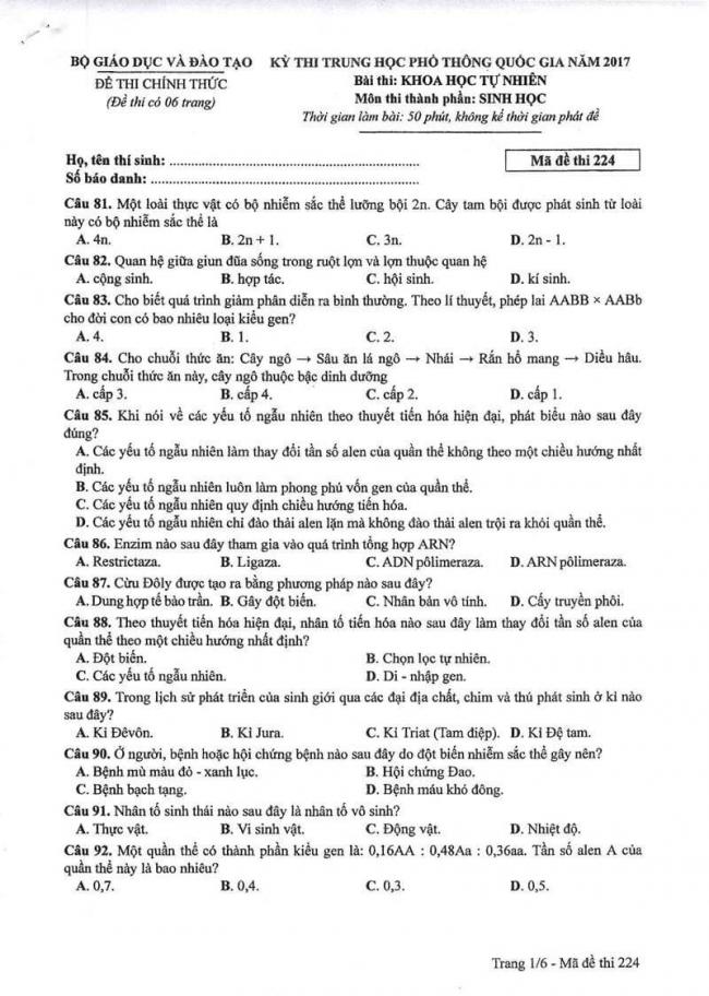Đáp án đề thi môn Sinh 224 THPT Quốc Gia năm 2017 trang 1