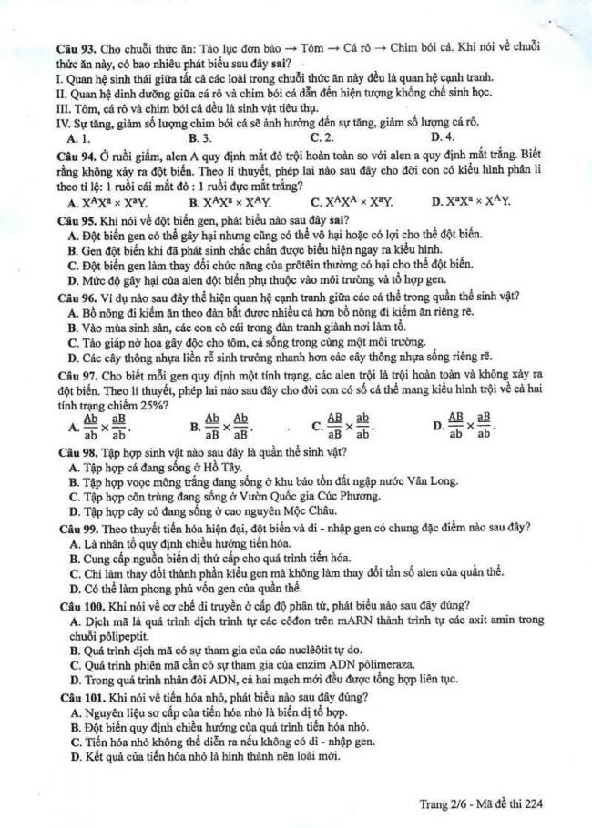 Đáp án đề thi môn Sinh 224 THPT Quốc Gia năm 2017 trang 2