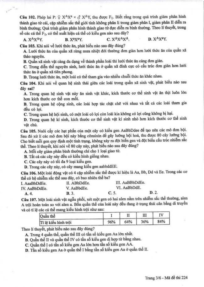 Đáp án đề thi môn Sinh 224 THPT Quốc Gia năm 2017 trang 3