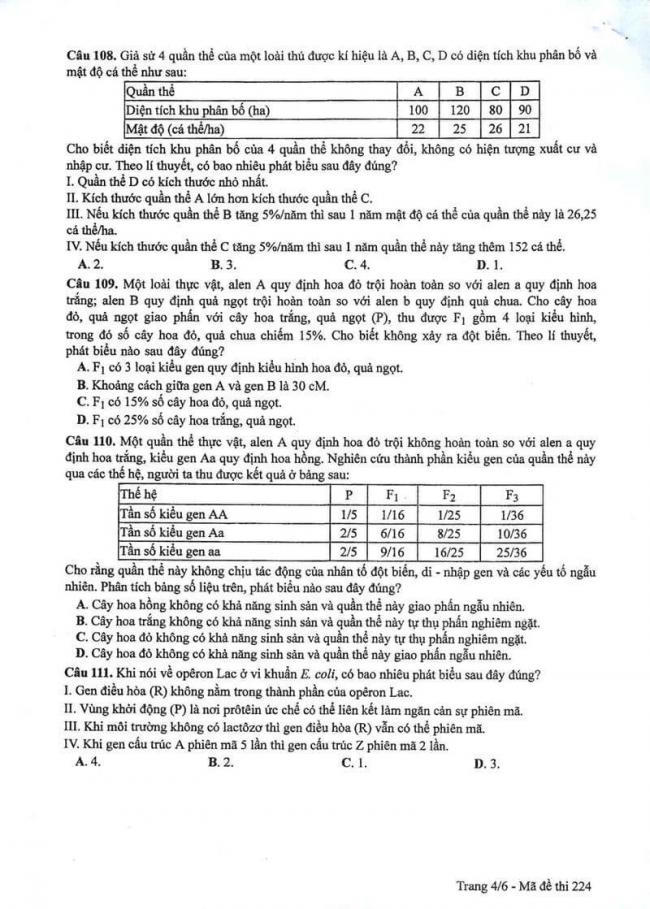 Đáp án đề thi môn Sinh 224 THPT Quốc Gia năm 2017 trang 4