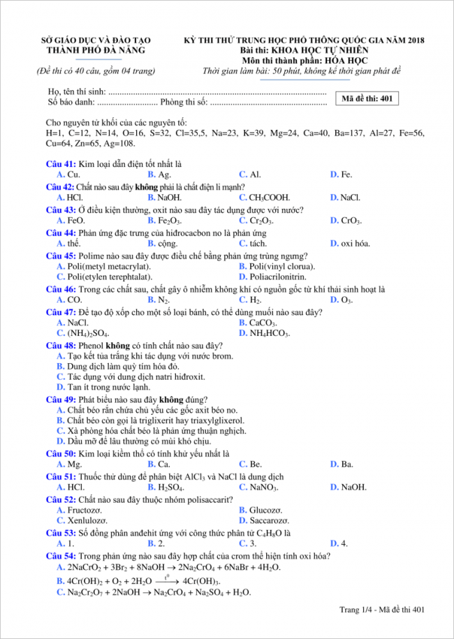 từ câu 41 đến 54 đề thi thử Hóa THPT quốc gia 2018 Đà Nẵng