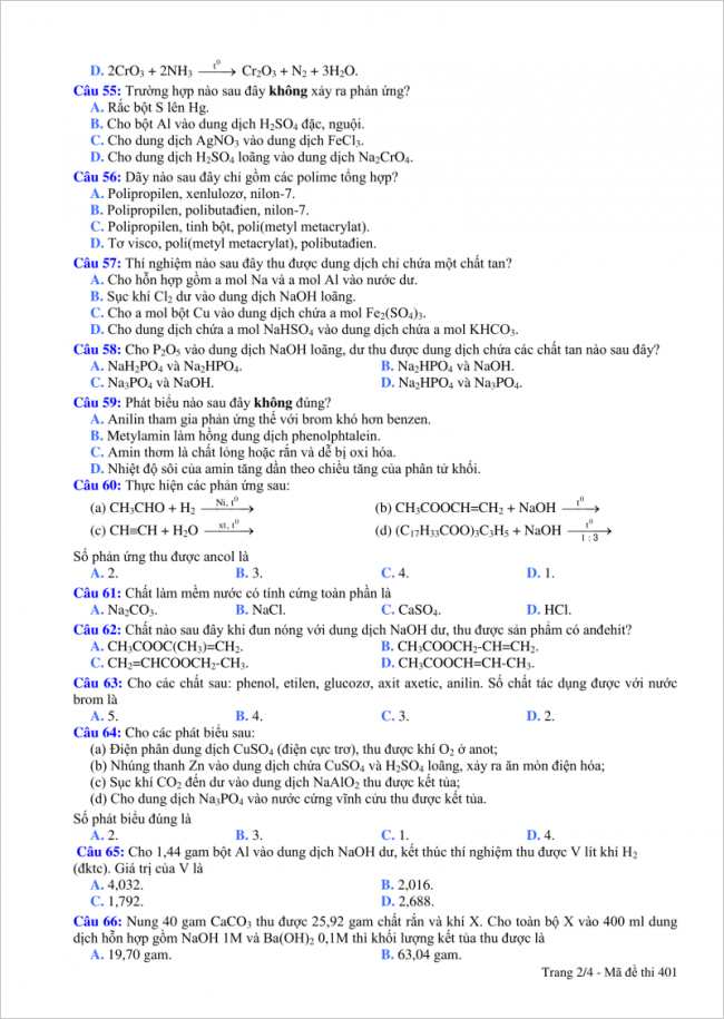 từ câu 55 đến 66 đề thi thử Hóa THPT quốc gia 2018 Đà Nẵng