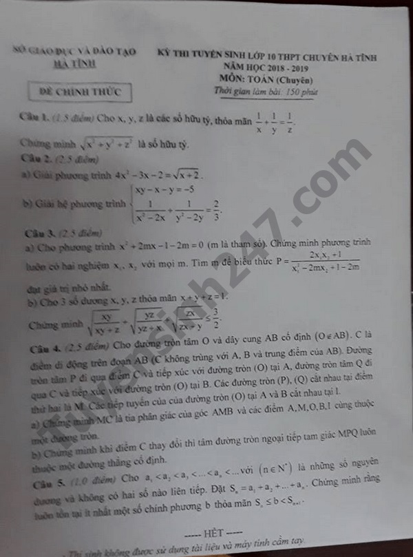 đề toán chuyên hà tĩnh 2018