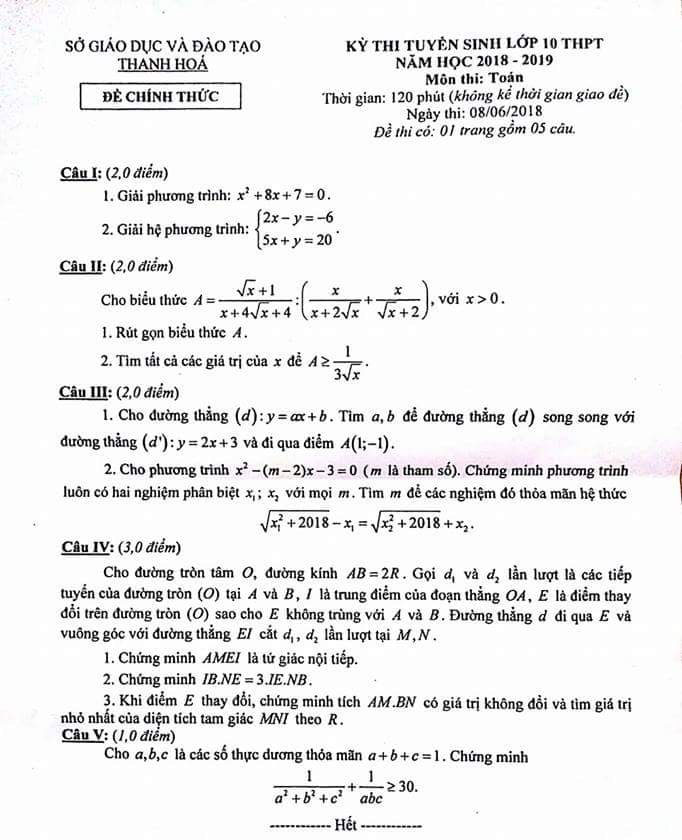 đề thi toán vào lớp 10 Thanh Hoá 2018