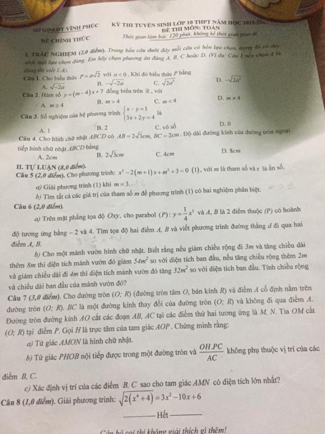 đề thi toán vào 10 năm 2018 tỉnh Vĩnh Phúc