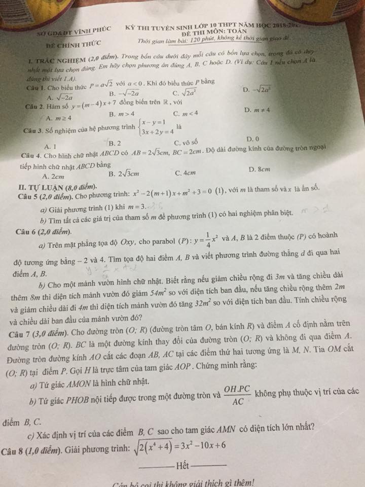 đề thi toán vào 10 năm 2018 tỉnh Vĩnh Phúc