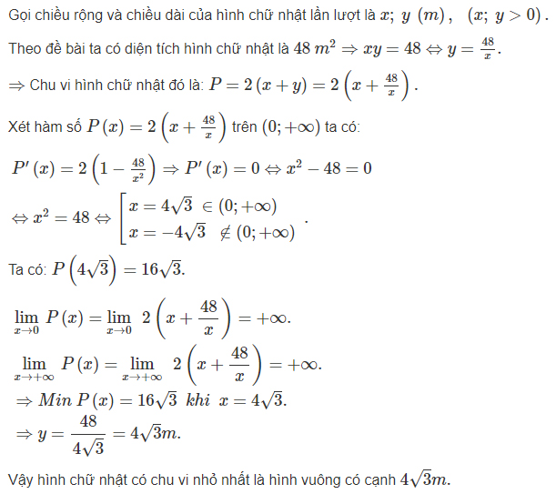Bài 3 Trang 24 Sgk Giải Tích 12: Trong Tất Cả Các Hình Chữ Nhật Cùng Có  Diện Tích 48M²...