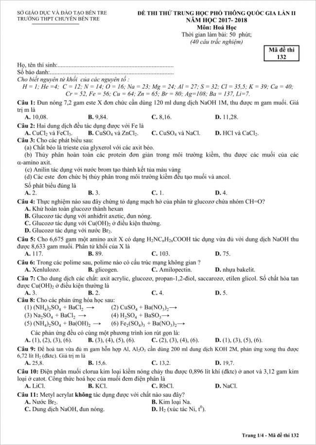câu 1 đến 11 trang 1 đề hóa thi thử thpt chuyên bến tre 2018