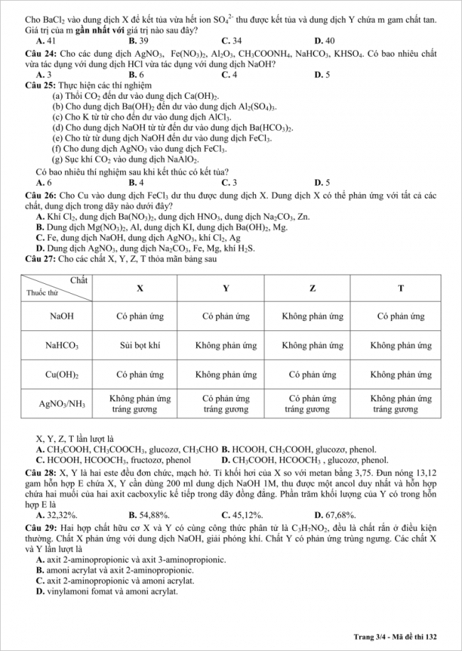 câu 24 đến 29 trang 3 đề hóa thi thử thpt chuyên bến tre 2018