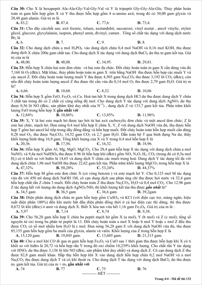 câu 30 đến 40 trang 4 đề hóa thi thử thpt chuyên bến tre 2018