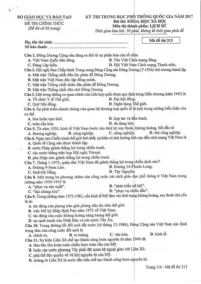 Đáp án đề thi môn Sử THPT Quốc gia năm 2017 mã đề 313 trang 1