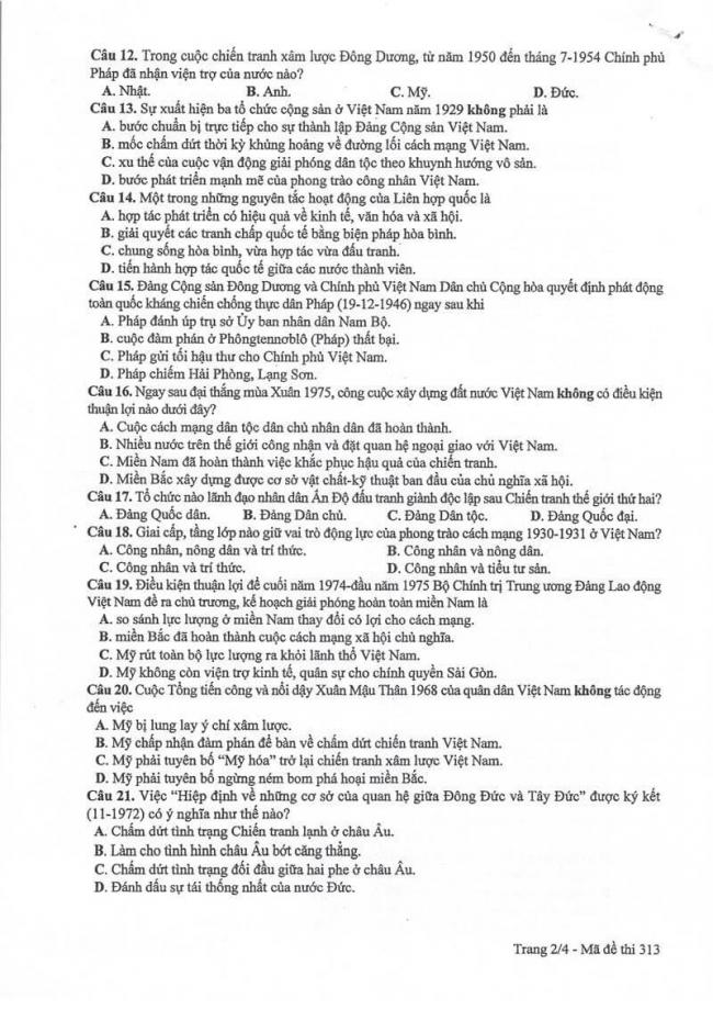 Đáp án đề thi môn Sử THPT Quốc gia năm 2017 mã đề 313 trang 2