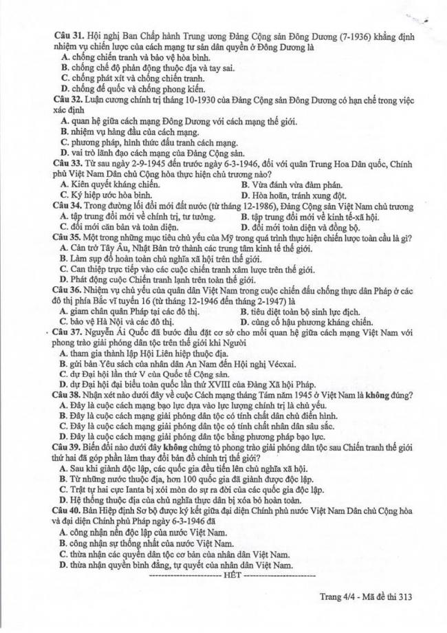 Đáp án đề thi môn Sử THPT Quốc gia năm 2017 mã đề 313 trang 4