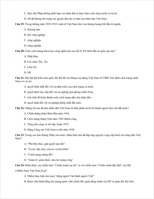 trang 4 câu 19 đến 24 đề sử thi thử thpt 2018 hà nội