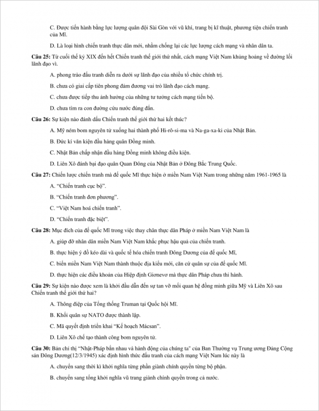 trang 5 câu 25 đến 30 đề sử thi thử thpt 2018 hà nội