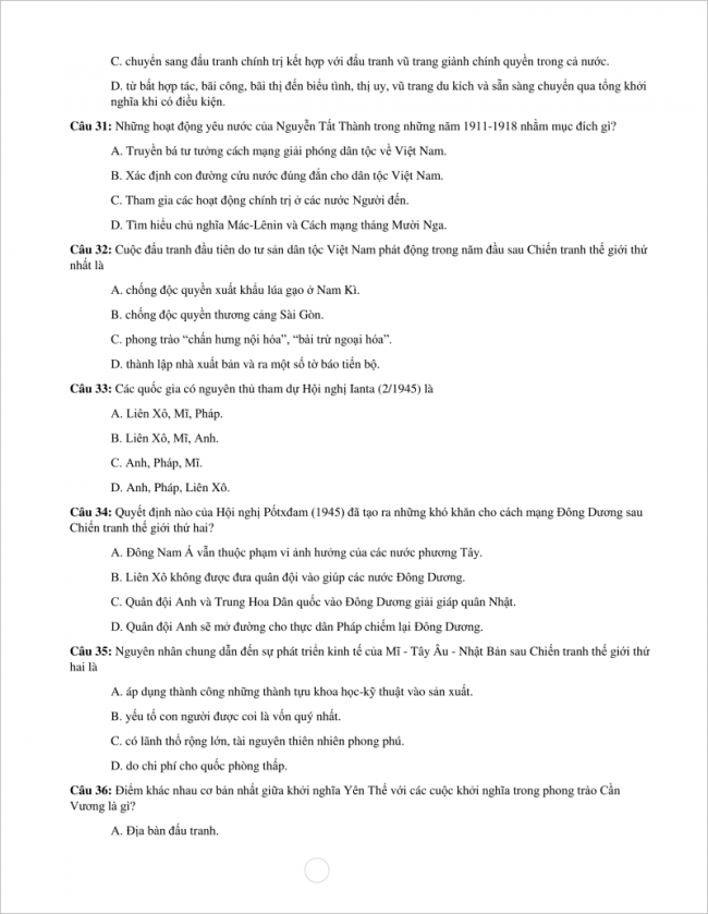 trang 6 câu 31 đến 36 đề sử thi thử thpt 2018 hà nội