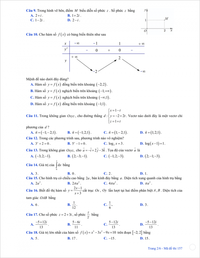 trang 2 câu 8-18 đề thi thử toán thpt chu văn an 2018