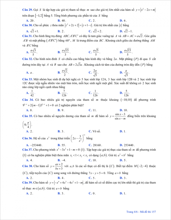 trang 4 câu 29 - 39 đề thi thử toán thpt chu văn an 2018