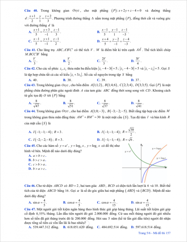 trang 5 câu 40 - 47 đề thi thử toán thpt chu văn an 2018