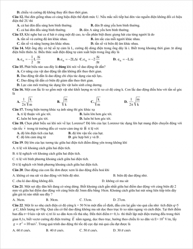 trang 2 câu 12 đến 22 đề lý thi thử THPT chuyên Lào Cai 2018