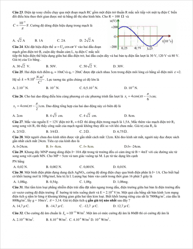 trang 3 câu 23 đến 32 đề lý thi thử THPT chuyên Lào Cai 2018