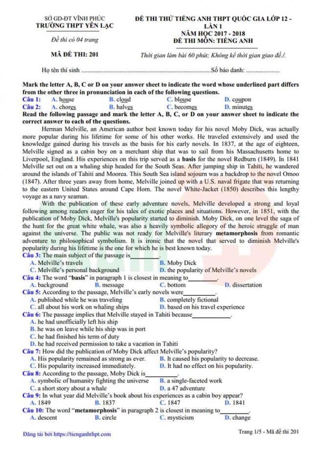 Đề thi thử môn Anh thptqg năm 2018 trường THPT Yên Lạc – Vĩnh Phúc trang 1