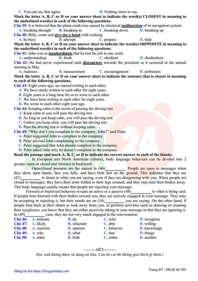 Đề thi thử môn Anh thptqg năm 2018 trường THPT Yên Lạc – Vĩnh Phúc trang 4