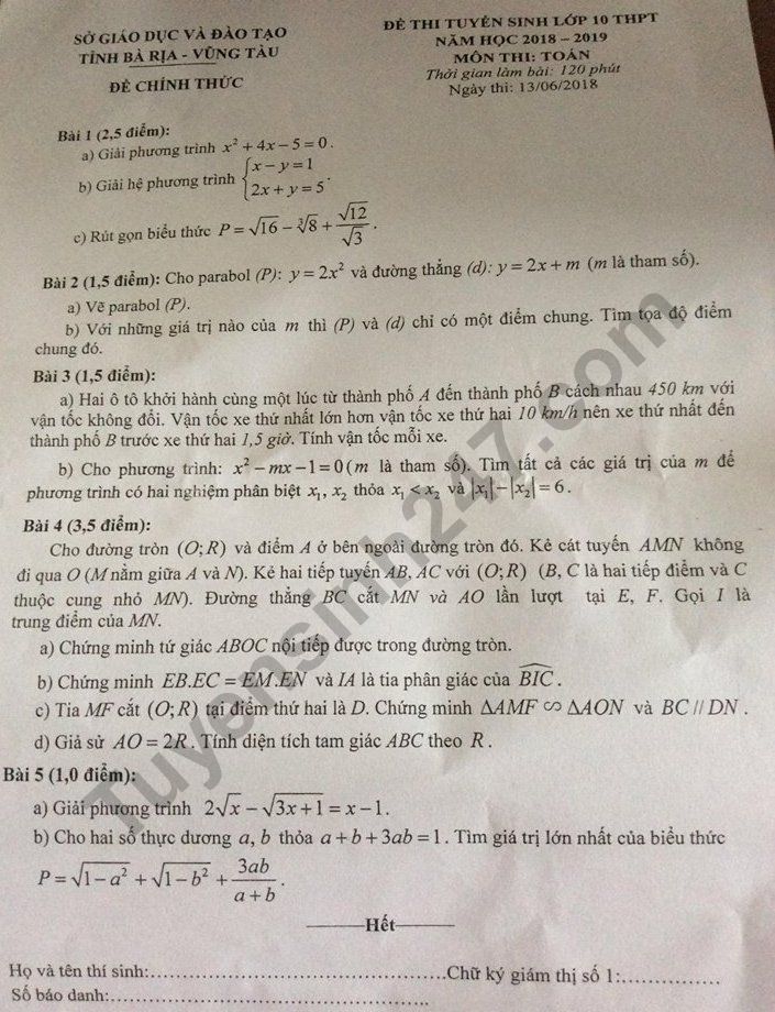 đề thi toán vào lớp 10 Bà Rịa Vũng Tàu 2018