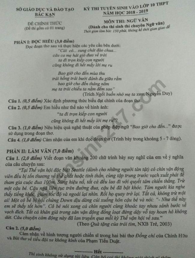 đề thi môn văn chuyên Bắc Kạn vào lớp 10 năm 2018