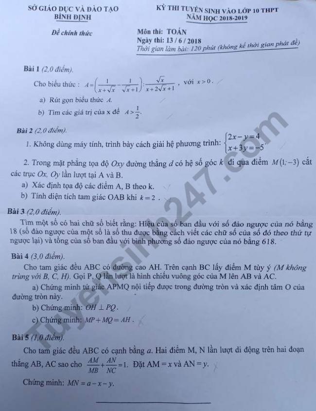 đề thi môn toán vào lớp 10 tỉnh Bình Định 2018