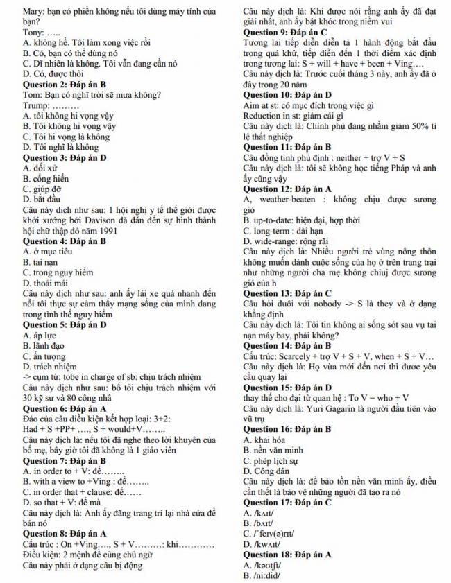 Đáp án đề thi thử môn Anh thptqg năm 2018 trường THPT chuyên Hạ Long - Quảng Ninh - trang 1