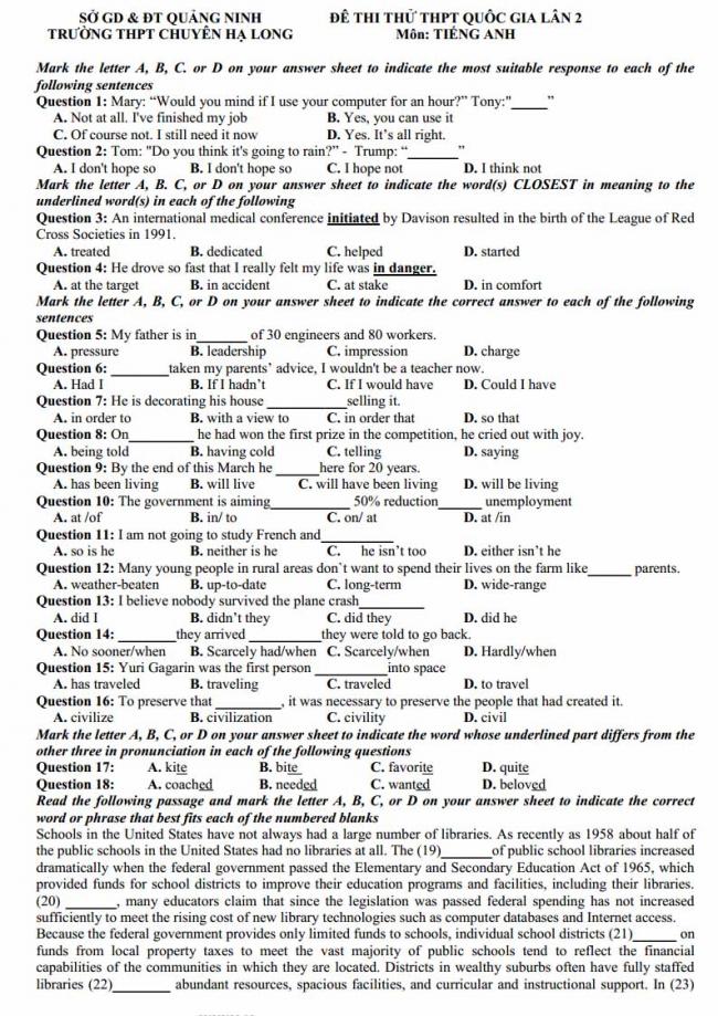 Đề thi thử môn Anh thptqg năm 2018 trường THPT chuyên Hạ Long - Quảng Ninh - trang 1