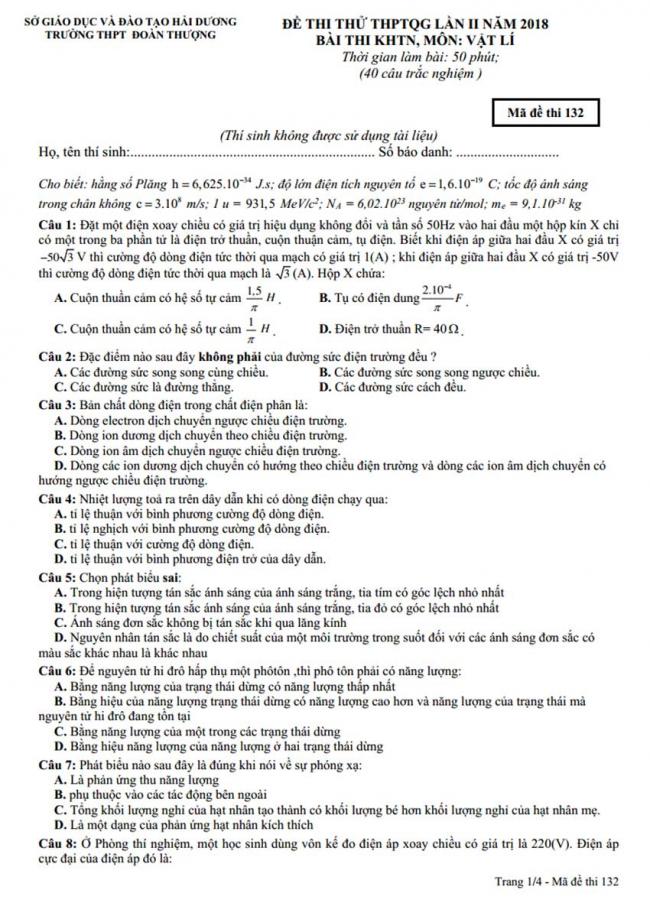 Đề thi thử môn Lý thptqg năm 2018 trường Đoàn Thượng – Hải Dương