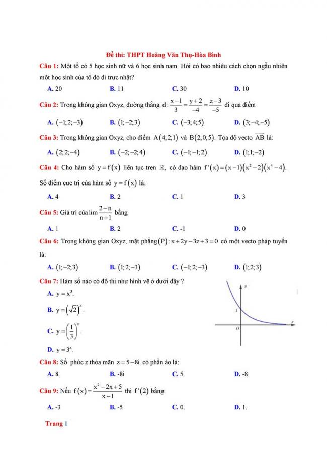 Đề thi thử môn Toán thptqg năm 2018 trường Hoàng Văn Thụ - Hòa Bình trang 1