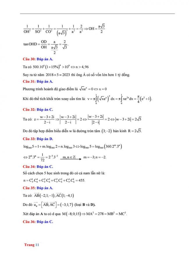 Đáp án Đề thi thử môn Toán thptqg năm 2018 trường Hoàng Văn Thụ - Hòa Bình trang 5